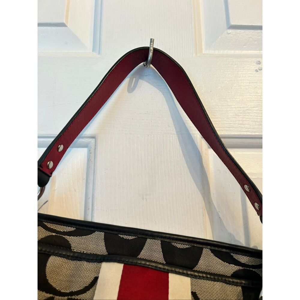 COACH Signature Hampton Stripe Purse Classic Logo Shoulder Bag Black Red White 1 - Picture 7 of 10